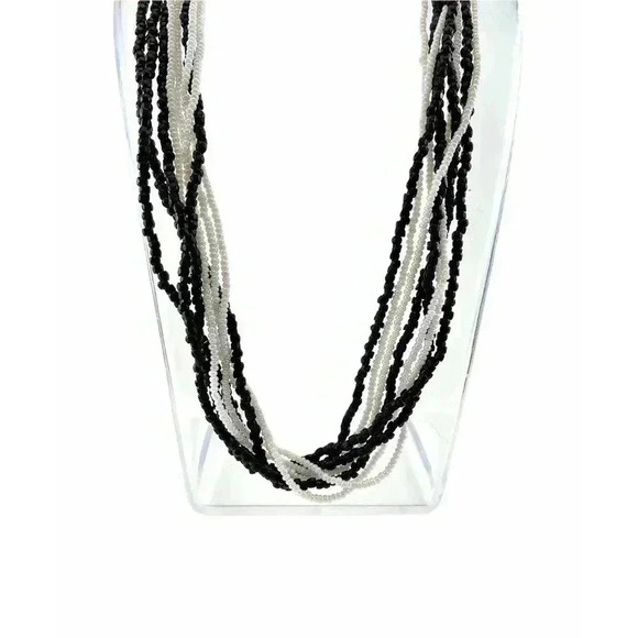 Cluster Layered Black and White Tiny Seed Bead Multi Strand Necklace 17" Long - Picture 4 of 11